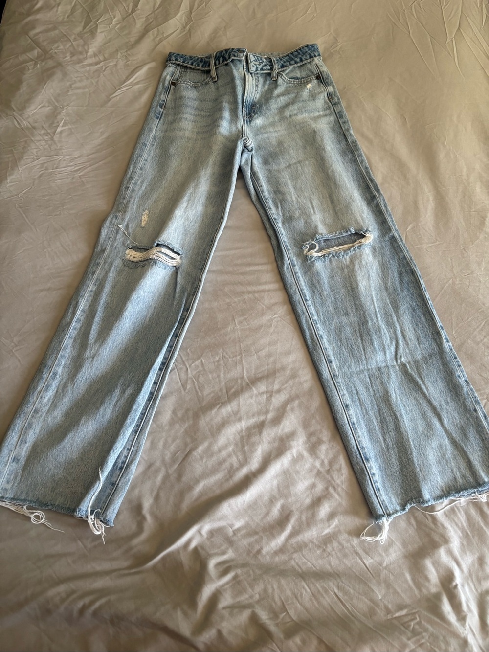 Light Blue Distressed Fold-over Wide-Leg Jeans for Women
